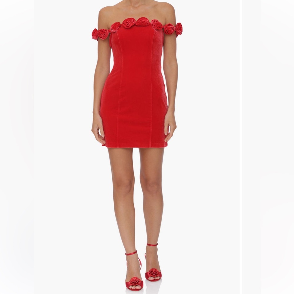 Red Rosette Off-Shoulder Velvet Mini Dress